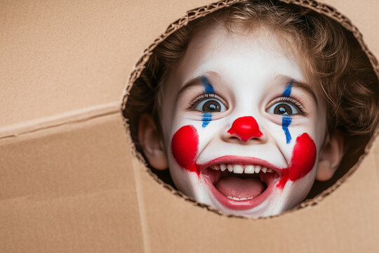 Excited child with colorful clown face paint smiling through cardboard box.