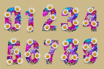 3d Spring flowers NUMBERS from  0 to 9. Spring flowers NUMBERS from  0 to 9 illustration vector. Spring Numbers 