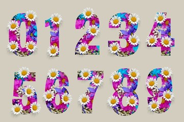 3d Spring flowers NUMBERS from  0 to 9. Spring flowers NUMBERS from  0 to 9 illustration vector. Spring Numbers 