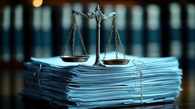 Scales atop documents. Stacked papers, balanced scales, justice, and law in a legal office environment