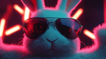 A cool rabbit wearing sunglasses looks into the viewer