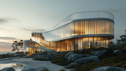 Fototapeta premium Modern Coastal Mansion: Architectural Marvel at Sunset