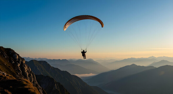 A lone paraglider soars from a mountain peak, evoking freedom and adventure under a golden sky.

