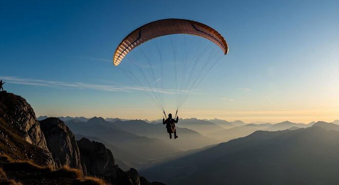 A lone paraglider soars from a mountain peak, evoking freedom and adventure under a golden sky.

