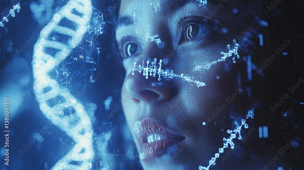 Poster in a high-tech lab, a focused scientist examines intricate dna patterns glowing in blue. surrounded 