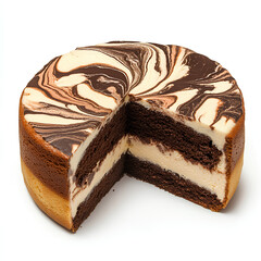 a magnificent round cake with chocolate and vanilla marbling, on a white background, cut in half,