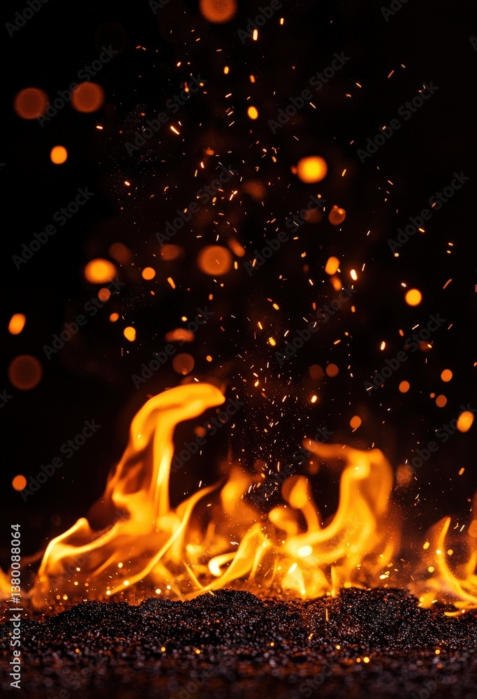 Poster a vibrant display of flames and sparks dancing against a dark backdrop, creating a mesmerizing and d