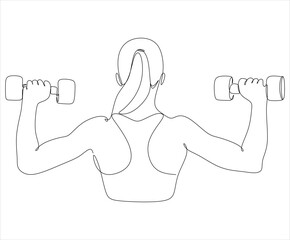 One continuous line drawing of sportswoman with dumbbells. Workout, fitness, gym, muscular woman.