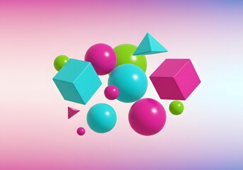 Abstract 3D Shapes Illustration Spheres, Cubes, Pyramids in Pink, Blue, Green on Gradient Background.