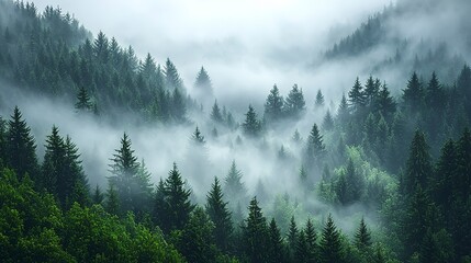Verdant green forest trees shrouded in thick morning fog