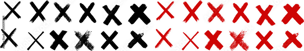 Poster hand-drawn grunge x marks in black and red. ideal for highlighting errors, graphic accents, or expre