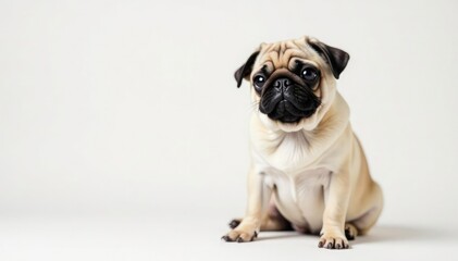 Adorable pug dog sits alone against pure white background , sitting, canine