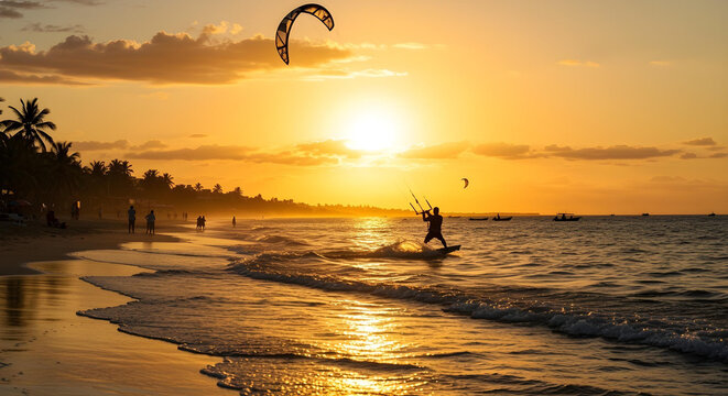 A sunset scene of a kite surfer performing a midair maneuver with shimmering waves and a tropical beach atmosphere.