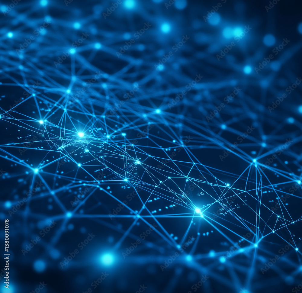 Poster blue background with digital connections and code – symbolizing technology, online communication, cy