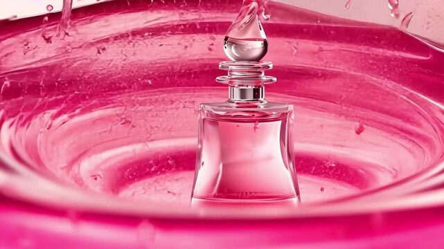 Enchanting Eau de Parfum: A luxurious glass bottle of exquisite perfume gracefully placed amidst swirling, vibrant pink liquid, reflecting the essence of elegance.