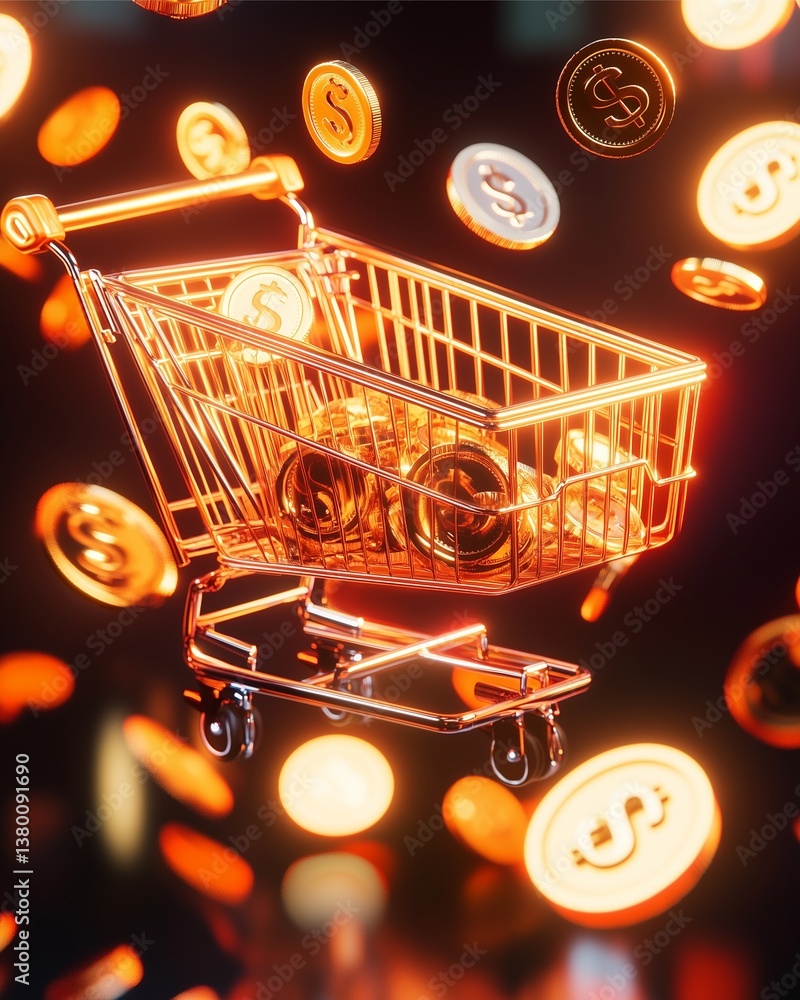 Poster golden cart of abundance: a sparkling gold shopping cart overflows with coins, surrounded by others 