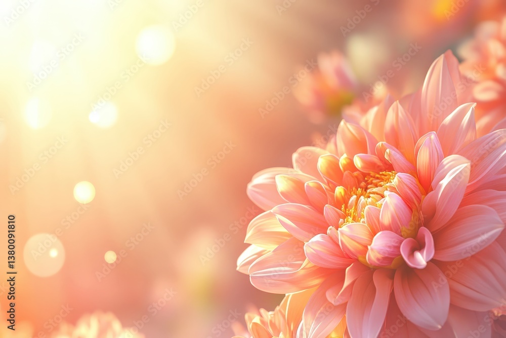 Poster a soft-focus image of a blooming pink flower with gentle light filtering through, creating a serene 