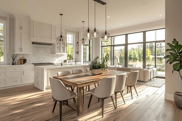 Fototapeta premium Modern Farmhouse Kitchen Dining Room Interior Design Sunlight Home View Area Decor Space Style Table