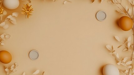 Fototapeta premium Minimalist Easter composition with eggs, florals and round coasters on monochrome background, perfect for poster banner or copy space