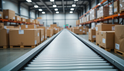 Conveyor belt in a warehouse with boxes for logistics, inventory management, supply chain discussions, blog articles, shipping process explanations, and industrial design presentations