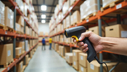 Fototapeta premium Employee using barcode scanner in warehouse full of stacked boxes for blogs, websites, inventory management materials, educational content, logistics resources, and operational presentations -