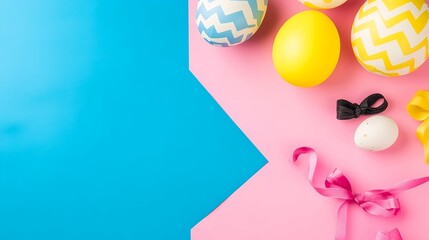 Bright Easter layout with colorful eggs, ribbons and decorations on vibrant blue and pink background with copy space