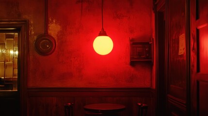 A dim lit interior room with a round hanging light fixture