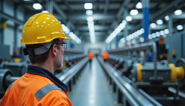 Construction worker observing production line in industrial facility for blogs, websites, safety training materials, business presentations, and manufacturing industry insights