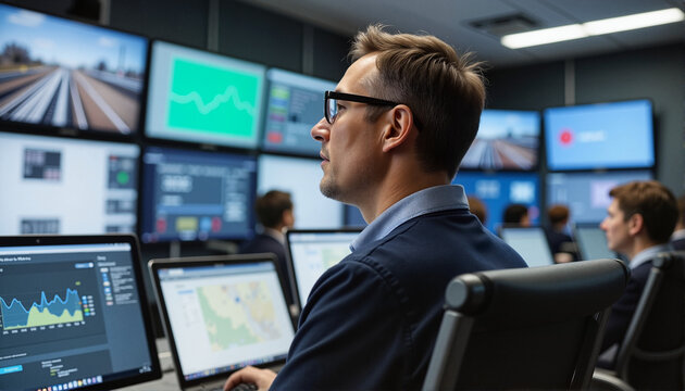 Focused man analyzing data at workstations in a corporate setting for blogs, websites, presentations, educational content, technology articles, and professional development materials -