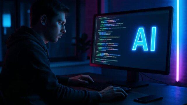 Coding the Future: A focused individual immersed in the digital world, typing intently in front of a monitor that showcases Artificial Intelligence
