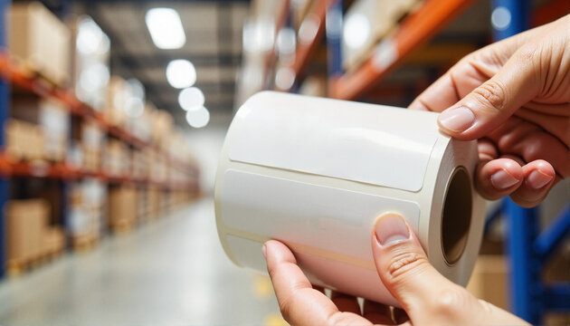 Hands holding a roll of adhesive labels in a warehouse for blogs, websites, office supplies, e-commerce visuals, inventory management resources, and logistics presentations