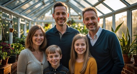 family on sunlit conservatory with indoor plants background happy portrait photo