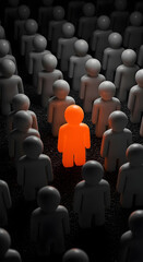 Obraz premium Digital art of faceless figures in muted colors, with one bright orange figure standing out in contrast.