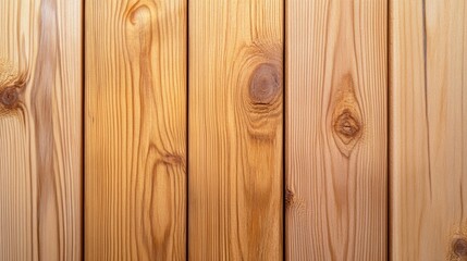 Fototapeta premium Close up view of light brown wood planks arranged vertically, showcasing natural wood grain and subtle variations in color and texture.