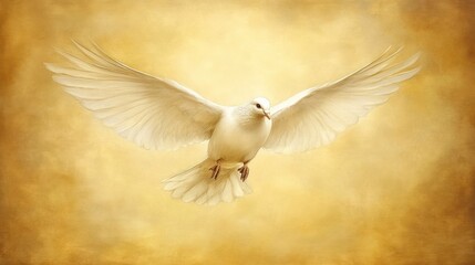 Obraz premium a serene depiction of a white dove in graceful flight against a warm golden textured canvas evoking feelings of peace and spiritual upliftment