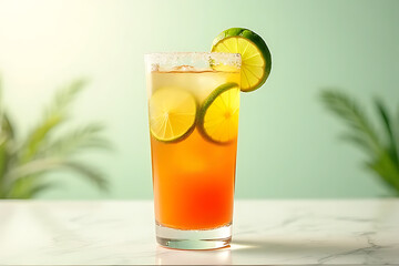 Fototapeta premium high-quality shot of a margarita in a tall, elegant glass, with a colorful gradient of lime and orange hues. The composition is balanced