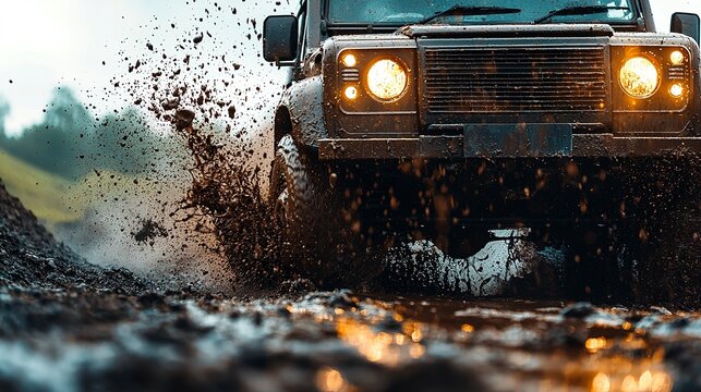 A four wheel drive vehicle moves through muddy terrain splashing water