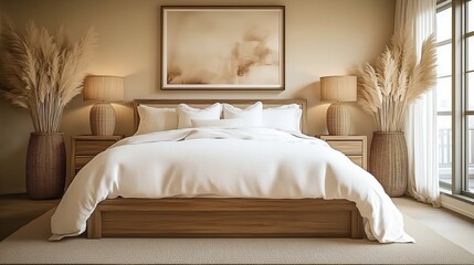 Bedroom scene: light-colored bedroom, equipped with wooden bed frame, white bedding, floor lamp and decorative painting, creating a warm and comfortable atmosphere.