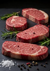 Premium Raw Ribeye Steaks with Rosemary and Spices  