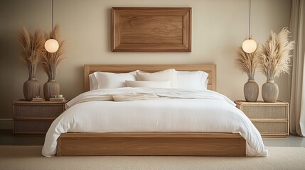 This is an interior scene of a bedroom, with wooden elements as the main element, creating a warm and comfortable atmosphere.