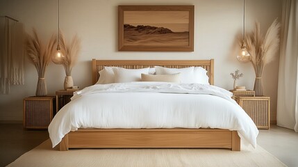 A warmly decorated bedroom, using natural materials and soft colors to create a comfortable and relaxing atmosphere.