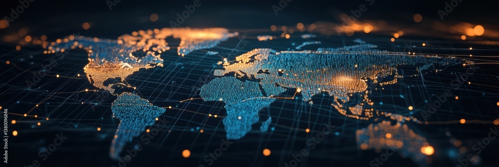 Poster futuristic digital world map showcasing glowing connections and dots on a dark background reflecting