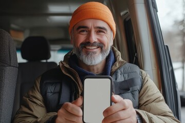 Happy middle aged courier man showing cellphone with empty screen, advertising delivery service, sitting in van and smiling, mockup, Generative AI
