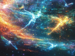 Fototapeta premium ethereal cyber beings soar through a digital galaxy
