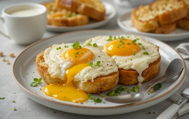 Delicious Breakfast with Fried Eggs, Garlic Bread, and Milk  