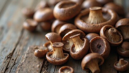 Fototapeta premium Pile of small brown mushrooms with visible gills on a rustic wooden surface, macro detail