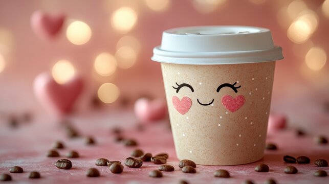 Paper cup with hearts on a pink backdrop with coffee beans and bokeh lights