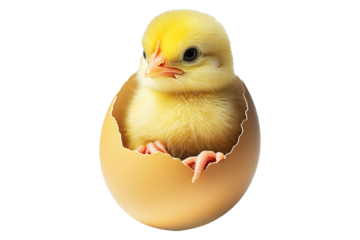 Adorable cute yellow chick emerging from cracked brown eggshell isolated on white transparent background. Symbolizing Easter, spring, and new beginnings