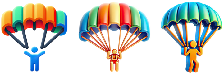 Three cartoon parachutists with colorful parachutes on a black background illustration