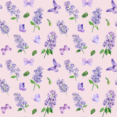 seamless floral pattern watercolor lilac flowers, butterflies romantic violet botanical texture, pink pastel background